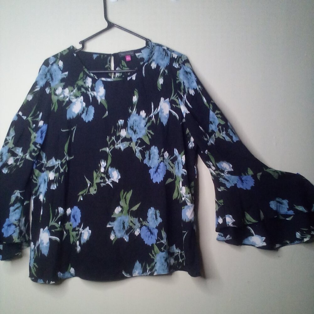Vince Camuto Black Floral Blouse with Blue and Green Accents